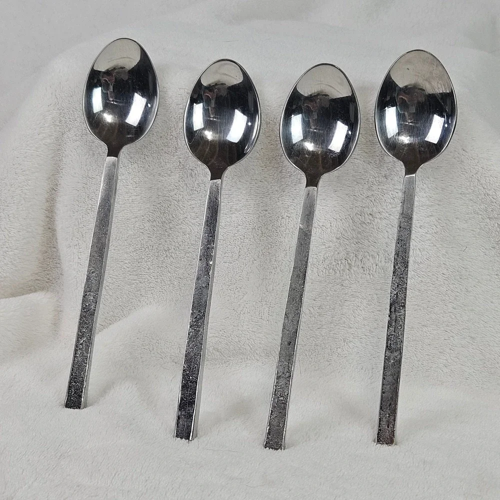 Vintage look Brutalist Stainless Steel Spoons -4 Textured Square Handle MCM 8